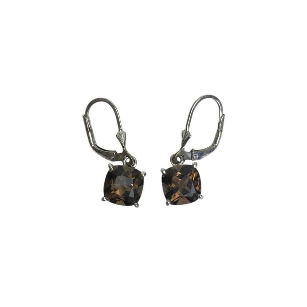 Vintage Sterling Silver Smoky Quartz Dangle Earrings Cushion Cut Prong Set 925